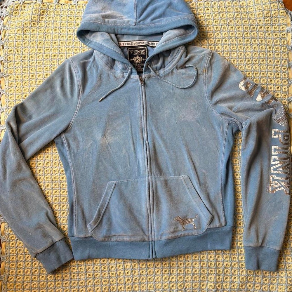 Victoria’s Secret PINK Baby Blue Velour Rhinestone Zip Up Hoodie Y2K Large